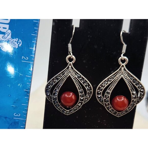 Silvertone Drop Earrings with Marcasite Accent & Brownish Red Center Stone - Picture 2 of 2